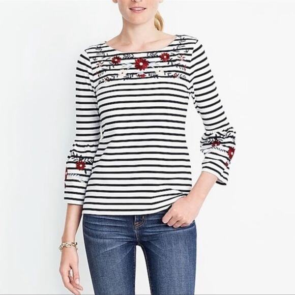 J. Crew | Embroidered Striped Bell Sleeve Top Size S - Picture 1 of 12